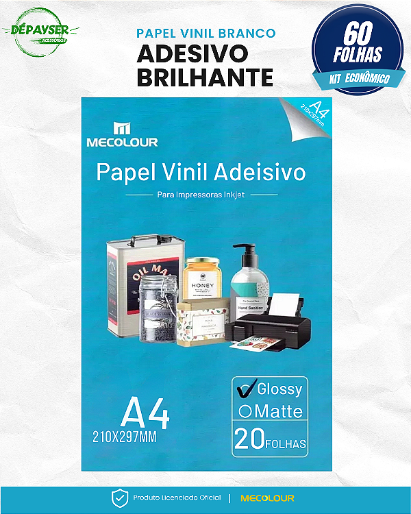 Papel Vinil Adesivo Branco Glossy A4 135g Mecolour 60 Folhas à Prova d’Água para Jato de Tinta