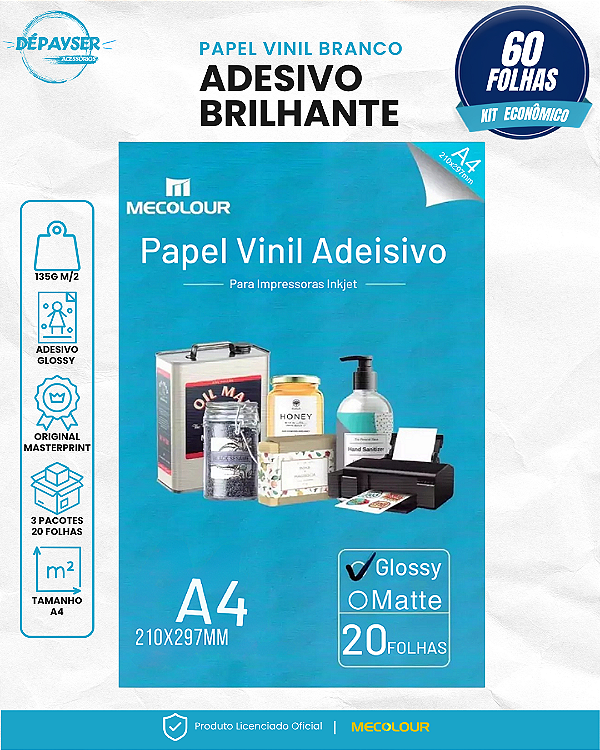 Papel Vinil Adesivo Branco Glossy A4 135g Mecolour 60 Folhas à Prova d’Água para Jato de Tinta