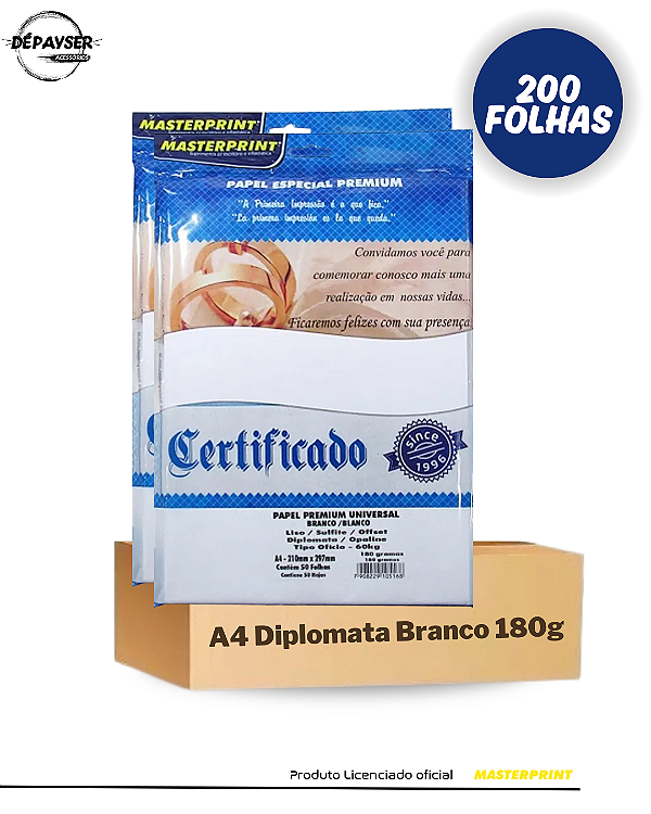 Papel Sulfite Opaline offset Diplomata Offset Liso Branco A4 180g – 200 Folhas MastePrint Premium
