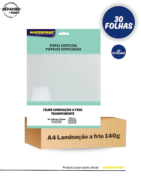 Filme Laminação a Frio Transparente A4 140g 30 Folhas - Masterprint