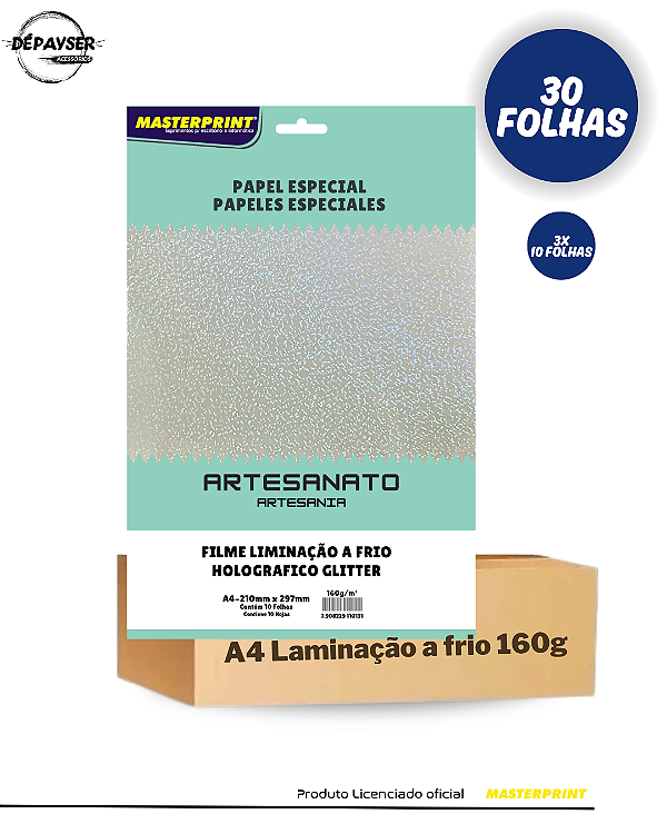 Filme Laminação a Frio Holográfico Glitter A4 160g 30 Folhas - Masterprint
