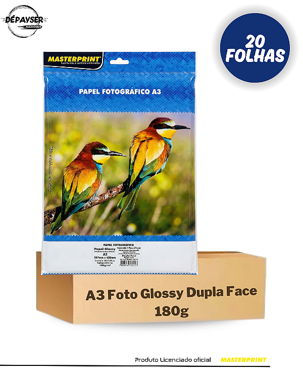 Papel Fotográfico Glossy Brilhante Dupla Face A3 180g 20 Folhas - Masterprint