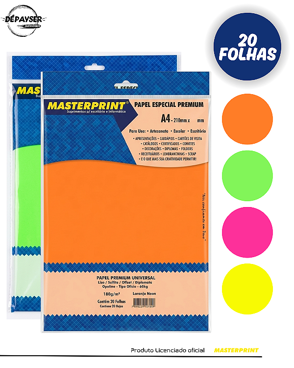 Papel Neon A4 180g Offset Opaline Colorplus Fosco Artesanato Criativo 20 Fls Coloridos Masterprint
