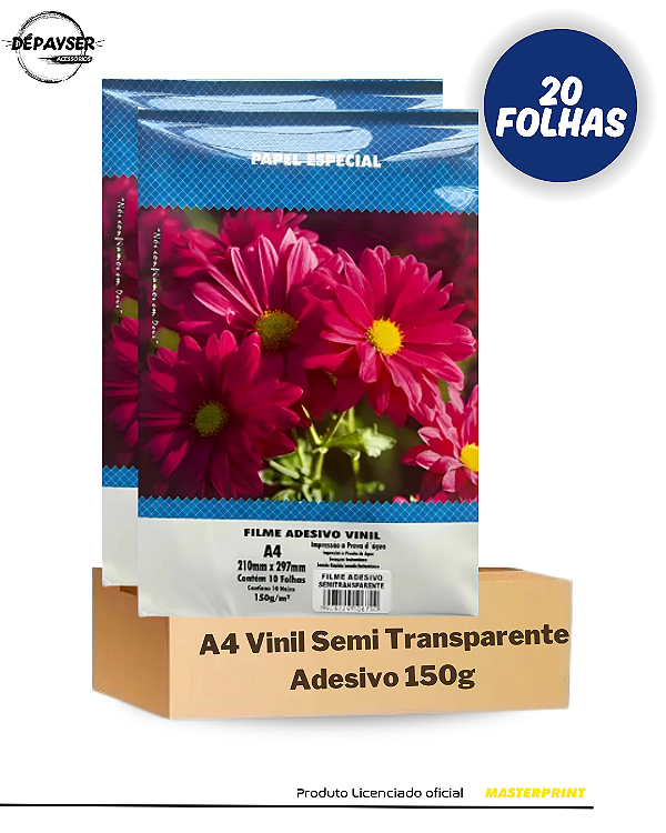 Papel Vinil Adesivo 150g A4 Semi Transparente Glossy Brilhante A prova d´água 20 Folhas Masterprint