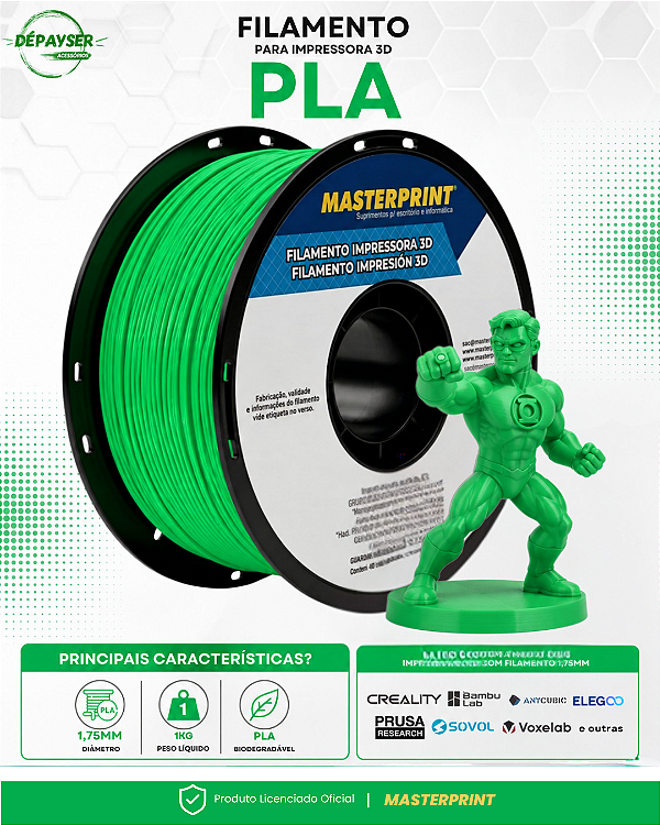 Filamento PLA Verde 1.75mm 1kg para Impressora 3D – Masterprint