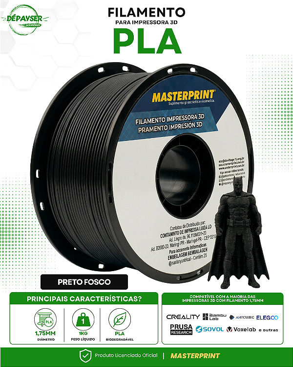 Filamento PLA Preto Fosco 1.75mm 1kg para Impressora 3D – Masterprint
