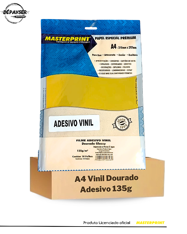 Papel Vinil Adesivo Dourado Glossy A4 135g – 10 Folhas Masterprint
