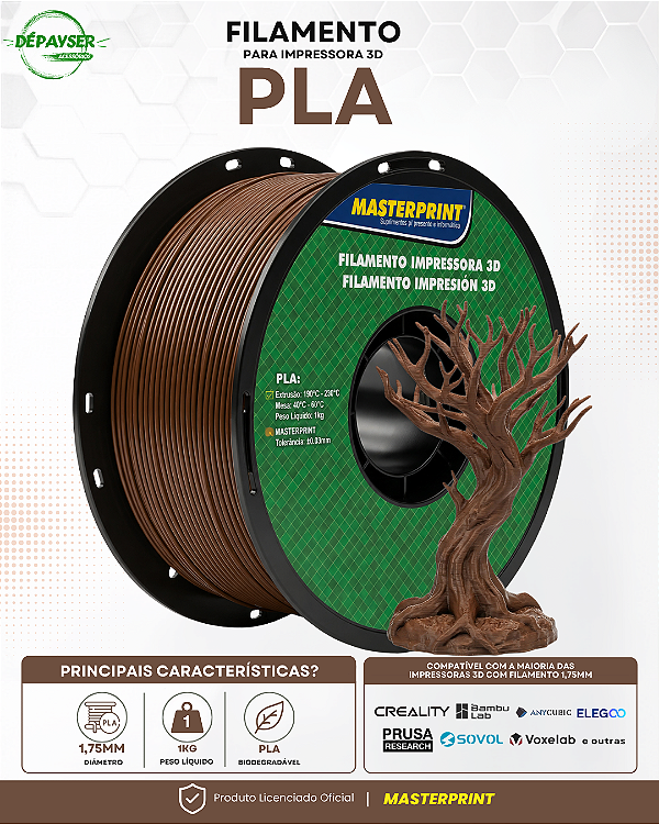 Filamento PLA Marrom 1,75mm 1kg Masterprint para Impressora 3D
