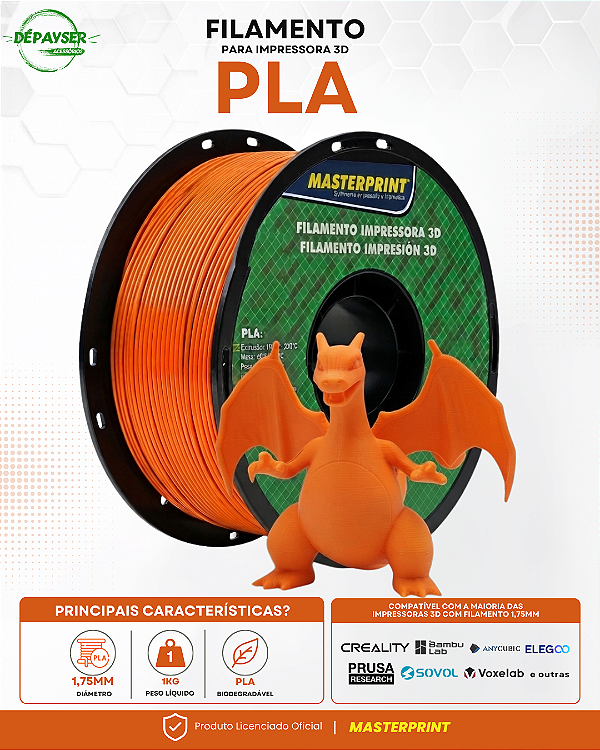 Filamento PLA Laranja 1,75mm 1kg Masterprint para Impressora 3D