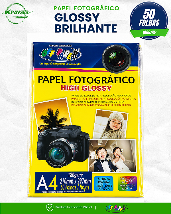 Papel Fotográfico Glossy Brilhante A4 180g Sem Adesivo – 50 Folhas Off Paper Premium para Jato de Tinta