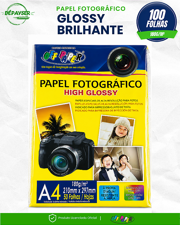 Papel Fotográfico Glossy Brilhante A4 180g Sem Adesivo – 100 Folhas Off Paper Premium para Jato de Tinta