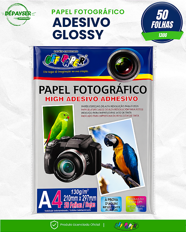 Papel Fotográfico Adesivo Glossy Brilhante A4 130g 50 Folhas Off Paper Premium para Impressora Jato de Tinta