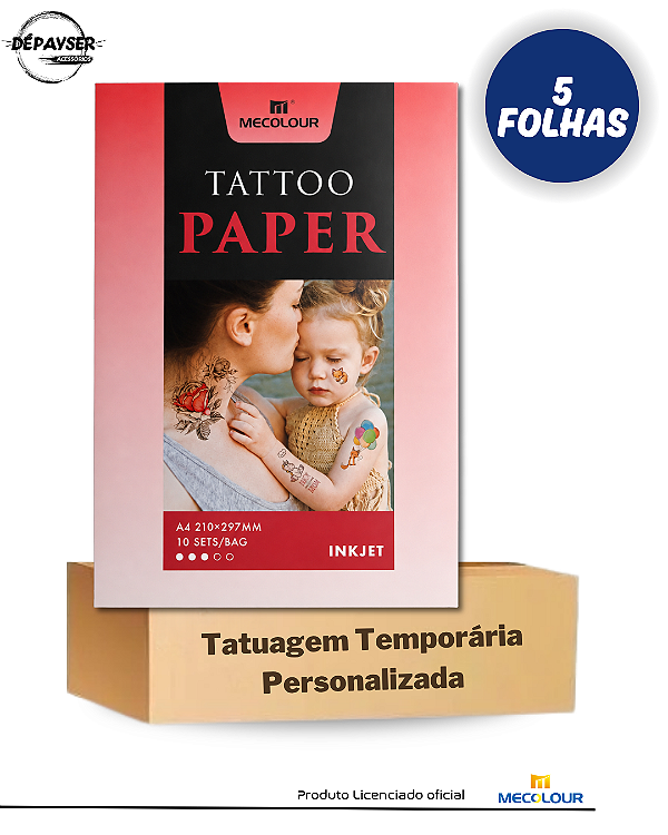 Papel Tattoo Tatuagem Temporária Semi Transparente A4 Imprimível Com 5 Folhas Para Impressora Inkjet e Laser