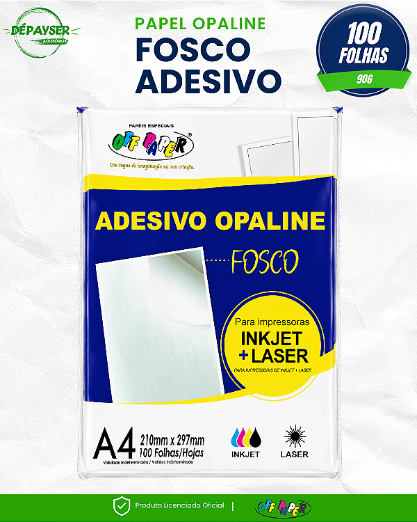 Papel Adesivo Opaline Fosco A4 90g 100 Folhas Inkjet e Laser Off Paper