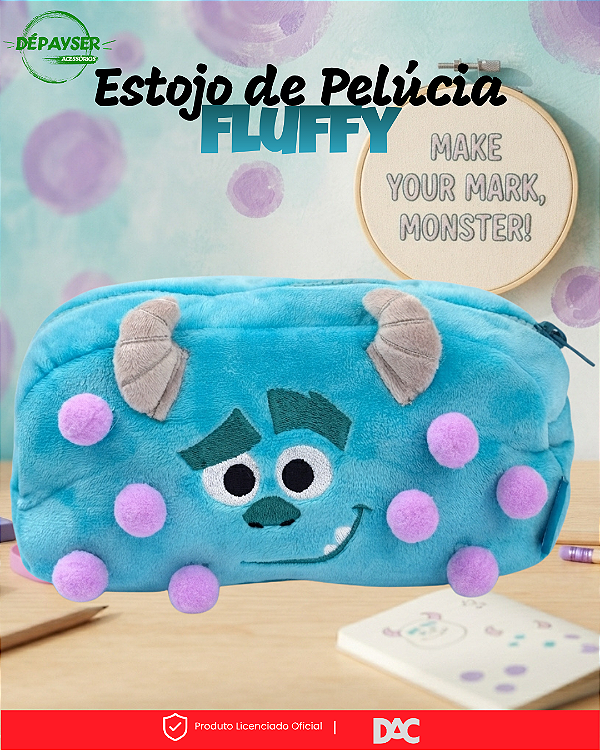 Estojo Escolar Fluffy Monstros S.A. DAC de Pelúcia 20cm para Lápis e Canetas