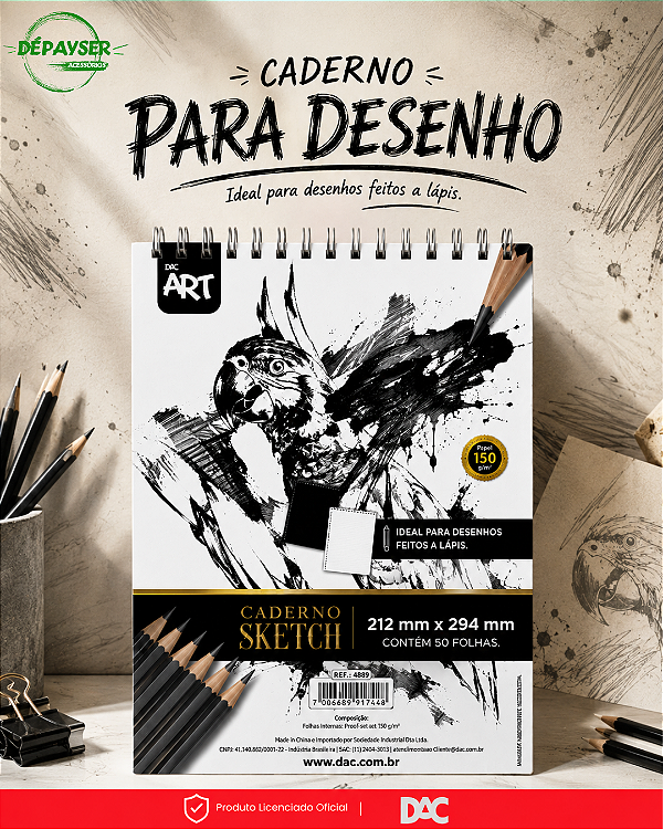 Caderno de Desenho Sketchbook DAC ART 150g 50 Folhas Sem Pauta para Esboços