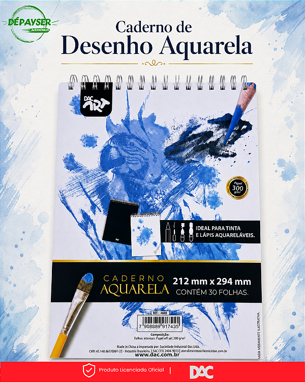 Caderno de Desenho Aquarela DAC ART 300g 30 Folhas para Pintura e Estudos Artísticos