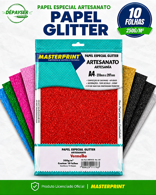Papel Laminado Glitter A4 250g Masterprint 10 Folhas para Artesanato – Várias Cores