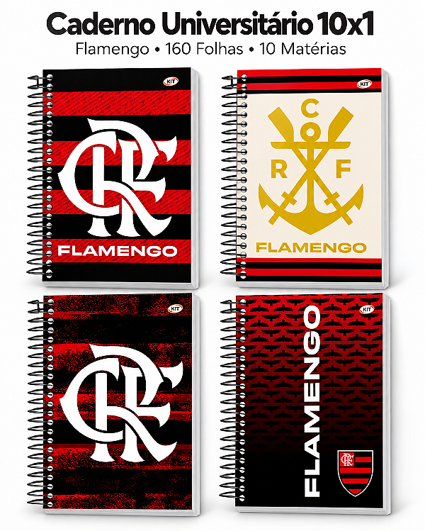 Caderno Universitário Flamengo Oficial 10 Matérias 160 Folhas Capa Dura Espiral KIT
