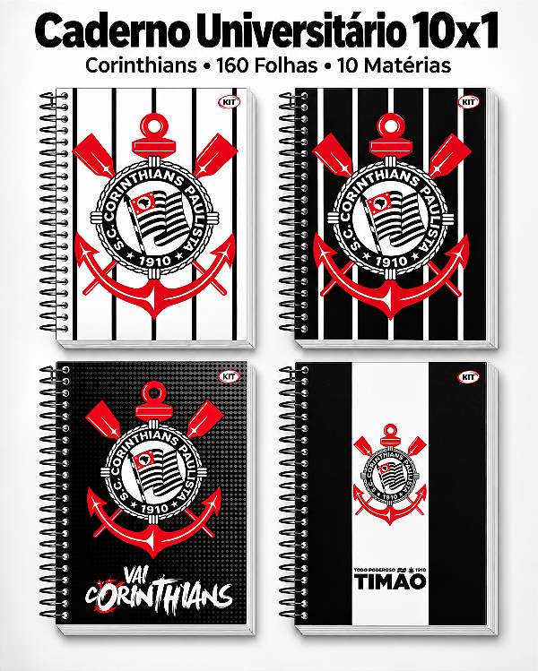 Caderno Universitário Corinthians 10 Matérias 160 Folhas Capa Dura Espiral KIT