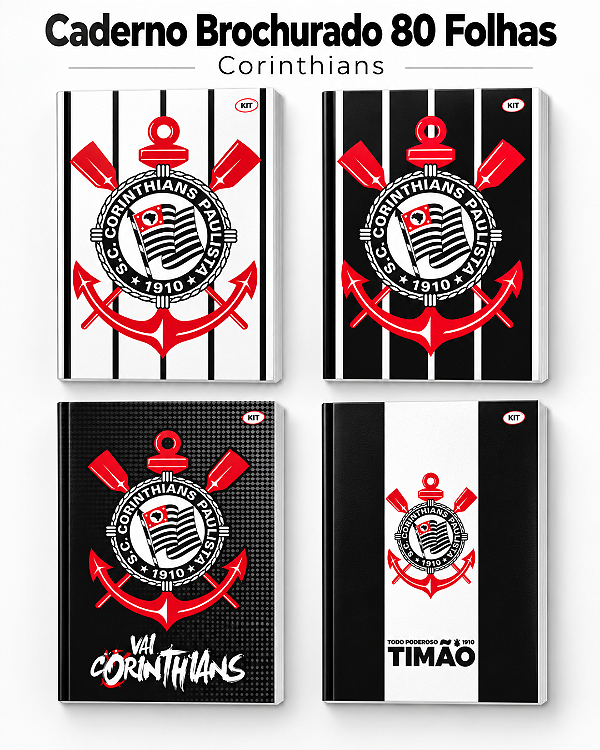 Caderno Brochurado Corinthians 80 Folhas Capa Dura 200x275mm KIT