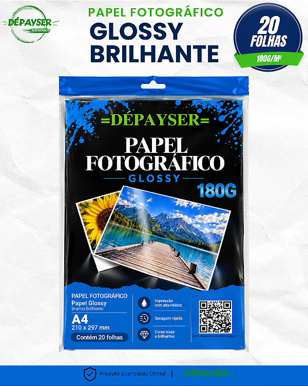 Papel Fotográfico A4 Glossy Brilhante 180g 20 Folhas Dépayser