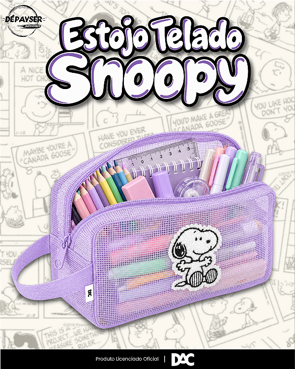 Estojo Escolar Telado Snoopy Lilás 1 Zíper DAC