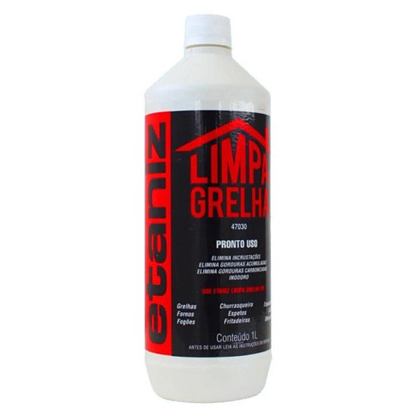 LIMPA GRELHA ETANIZ 1L * Elimina incrustações, gorduras acumuladas e carbonizadas * Inodoro * Grelhas, fornos, fogões, churrasqueiras, espetos, fritadeiras, exaustores, coifas, utensílios