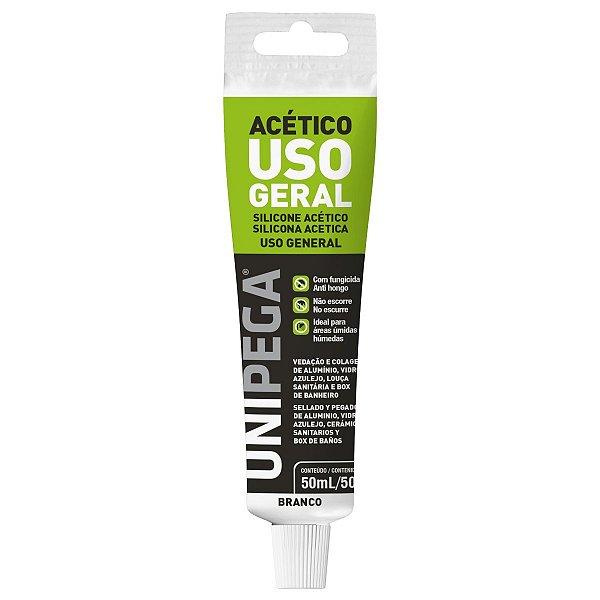 SILICONE ACÉTICO BRANCO USO GERAL 50ML UNIPEGA * Com fungicida * Não escorre