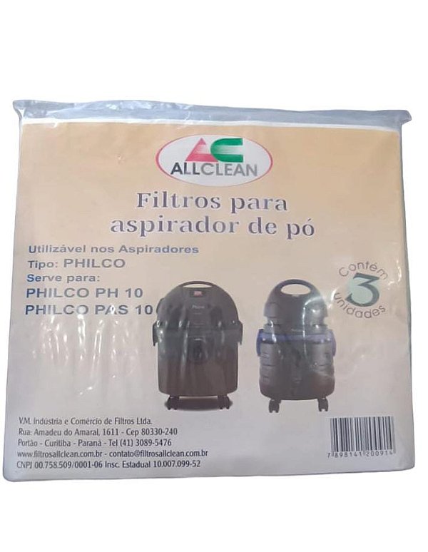 SACO DESCARTÁVEL PARA ASPIRADOR DE PÓ PHILCO * Contém 3 unidades * Philco PH 10 * Philco PAS 10