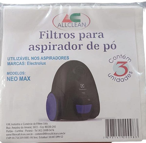 SACO DESCARTÁVEL PARA ASPIRADOR DE PÓ ELETROLUX NEO MAX * Contém 3 unidades