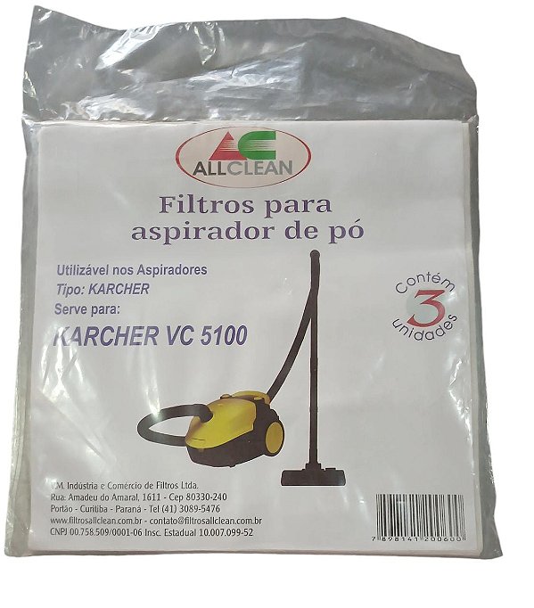 SACO DESCARTÁVEL PARA ASPIRADOR DE PÓ KARCHER VC 5100  Contém 3 unidades