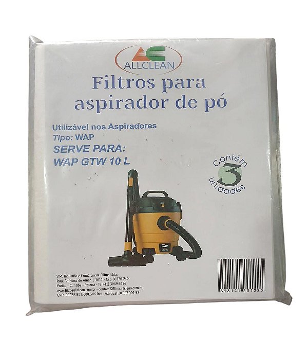 SACO DESCARTÁVEL PARA ASPIRADOR DE PÓ WAP GTW 10 L * Contém 3 unidades