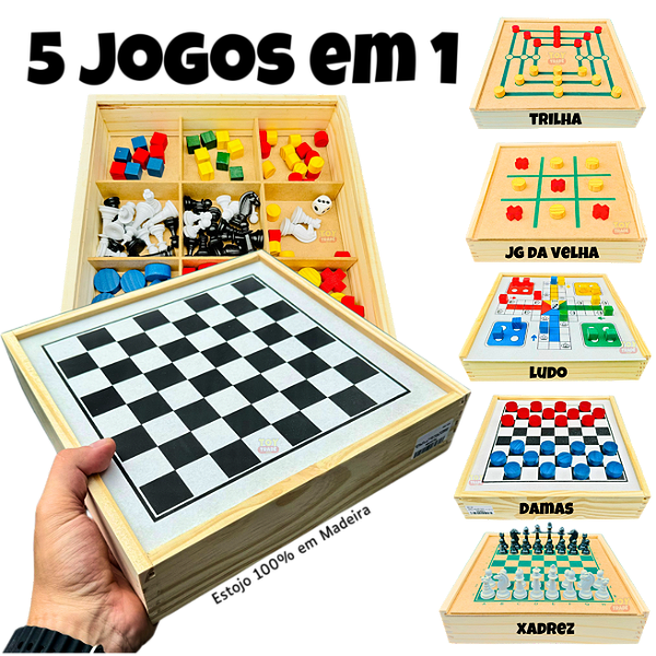 Jogos de Tabuleiro 5 em 1 Xadrez, Dama, Ludo, Trilha, Jogo da Velha