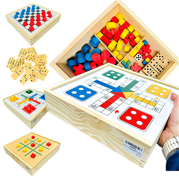 Jogos de Mesa GRANDE 4x1 Dama, Ludo, Dominó, Jogo da Velha Classicos Jogos de Tabuleiro 4 em 1 Caixa De Madeira Tabuleiro MDF