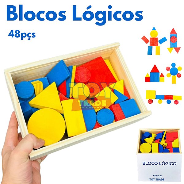 Blocos Lógicos 48 Peças Madeira Educativo Pedagógico Brinquedo Educativo Pedagógico Classificação de Formas