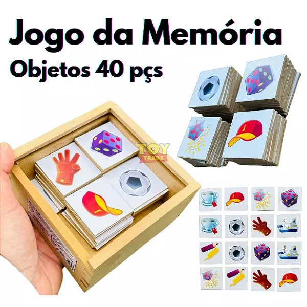 Jogo da Memória Objetos com 40 peças Brinquedo Educativo Pedagogico Figuras Raciocinio Alfabetização com Objetos