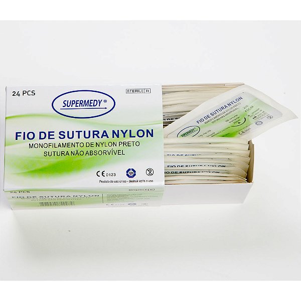 Fio de sutura em Nylon 5-0 com Agulha 17 mm cx c/ 24 un. Supermedy