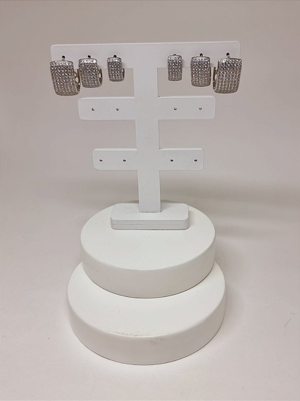 Trio argolas quadradas banho ródio branco micro cravação zircônia