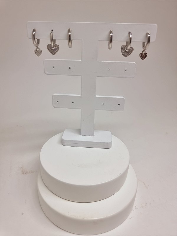 Trio argolas Pêndulo Coração banho ródio branco micro cravação zircônia