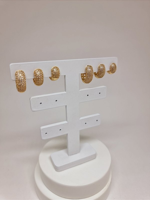 Trio argolas banho ouro amarelo 18k micro cravação zircônia