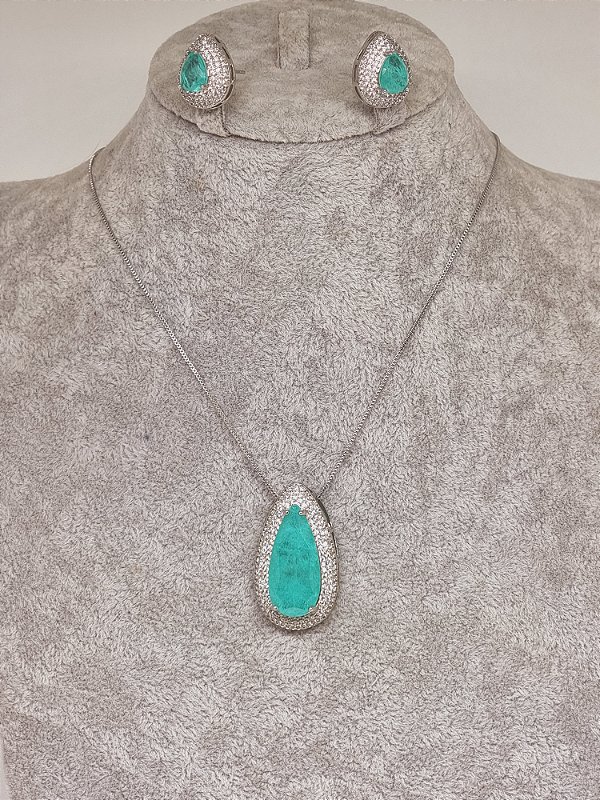 Conjunto gota fusion cor turmalina paraíba banho em ródio branco