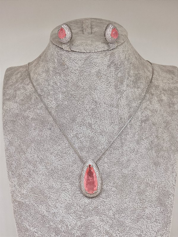 Conjunto gota Fusion salmon banho em ródio branco