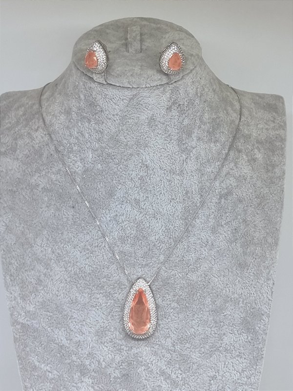 Conjunto gota Cristal cor orange banho em ródio branco