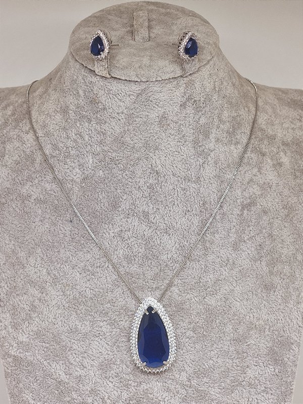 Conjunto gota cristal safira banho em ródio branco