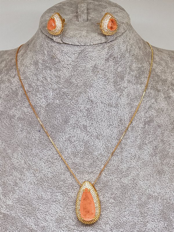 Conjunto gota Fusion cor orange banho em ouro amarelo 18k