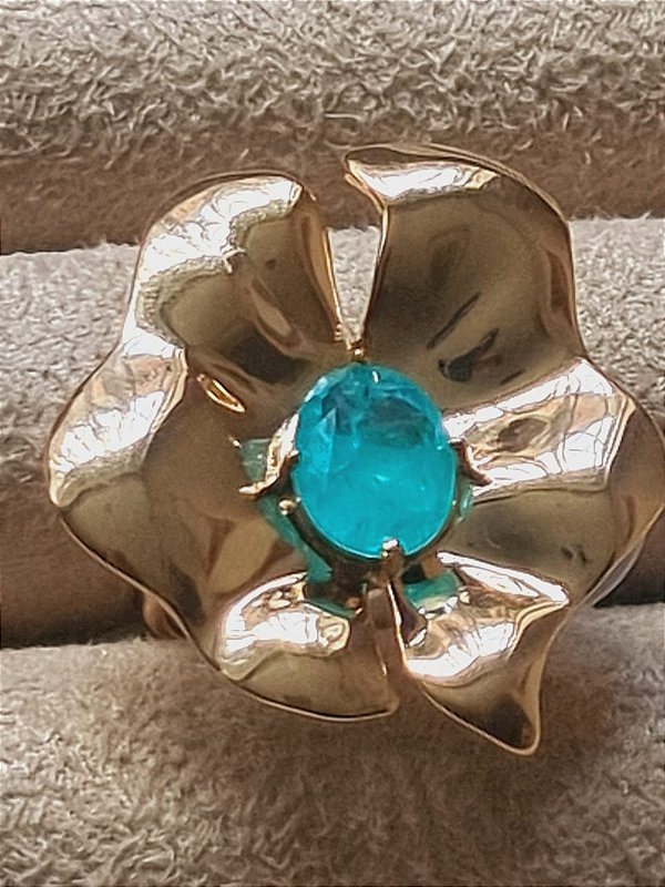 Anel Flor cristal turmalina paraíba liso banho ouro amarelo 18k