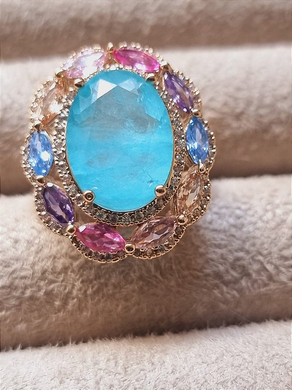 Anel cristal turmalina paraíba multicolor banho ouro amarelo 18k