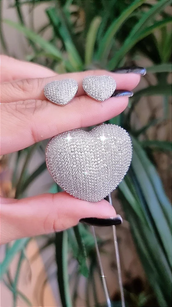 Conjunto coração facetado zircônia banho ródio branco