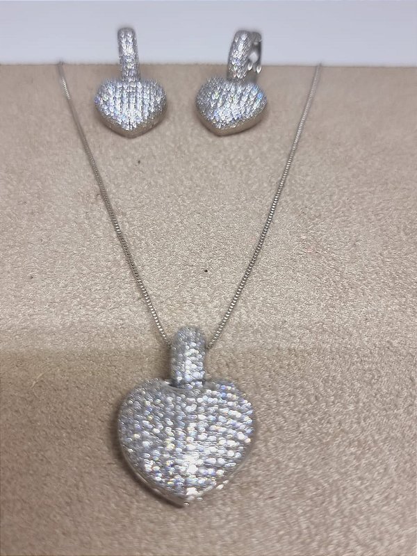 Conjunto coração facetado zircônia banho ródio branco